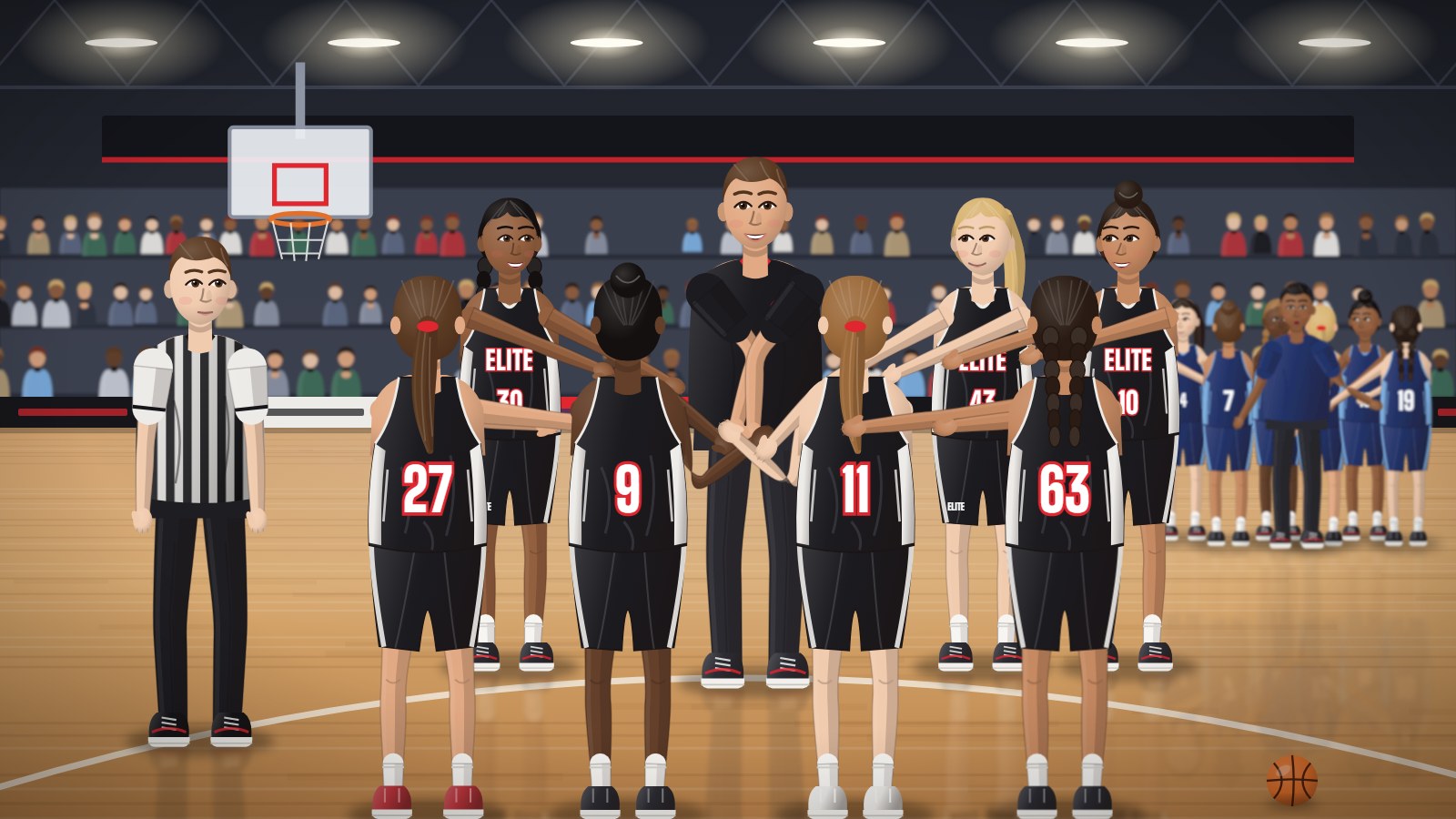 Illustration: an Elite Development girls’ team in black kit huddled round their coach, hands in, with a referee nearby and another team huddling at the far end