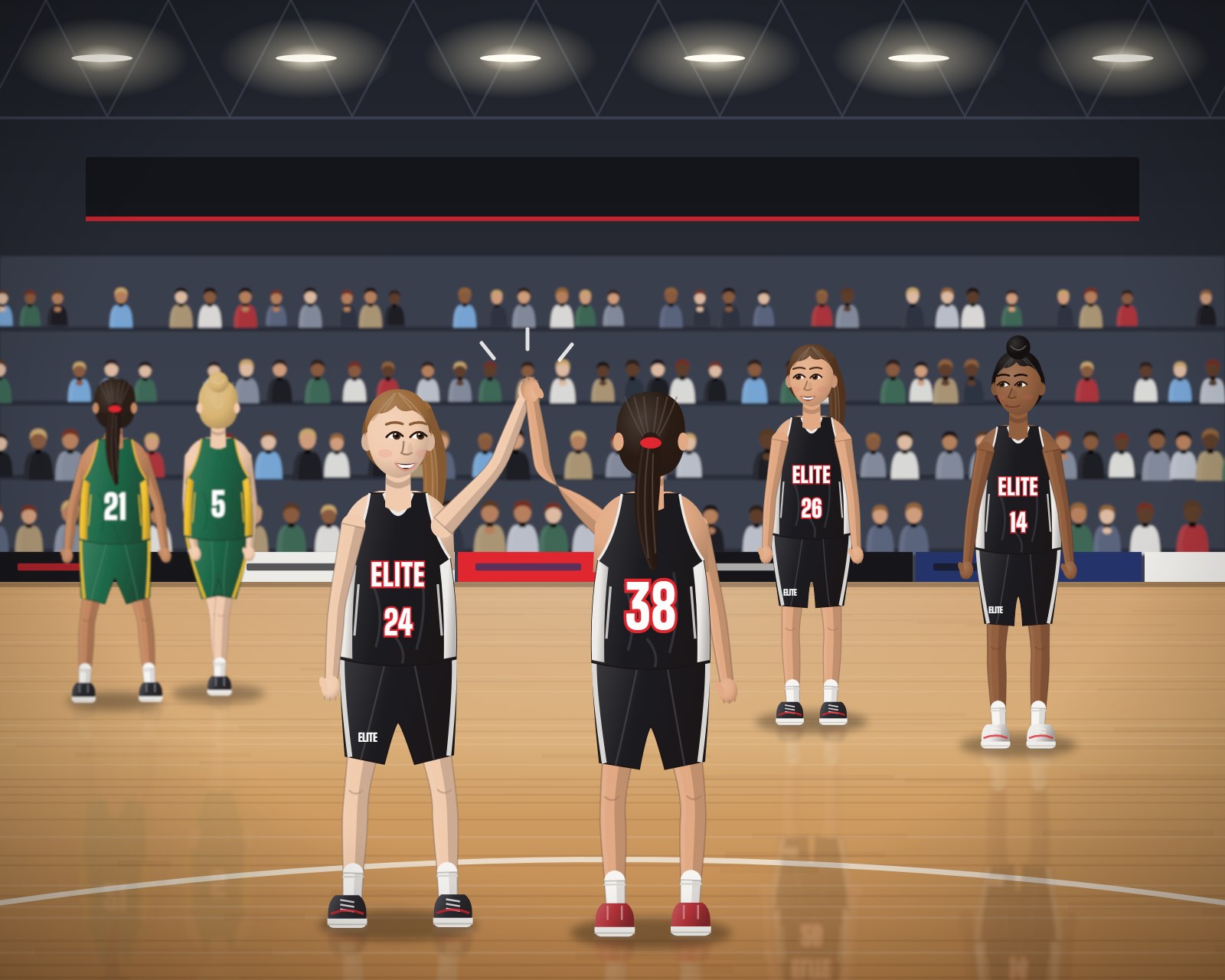 Illustration: two Elite Development players in black kit high-fiving on court while teammates smile and the other team walks off