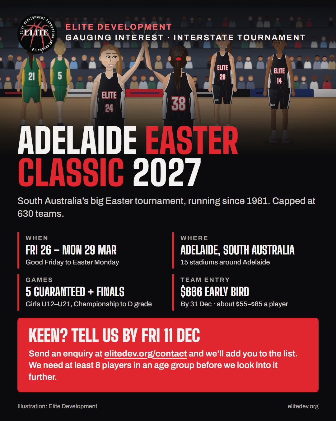 Flyer: Adelaide Easter Classic 2027, Friday 26 to Monday 29 March in Adelaide. Keen? Tell us by Friday 11 December at elitedev.org/contact.