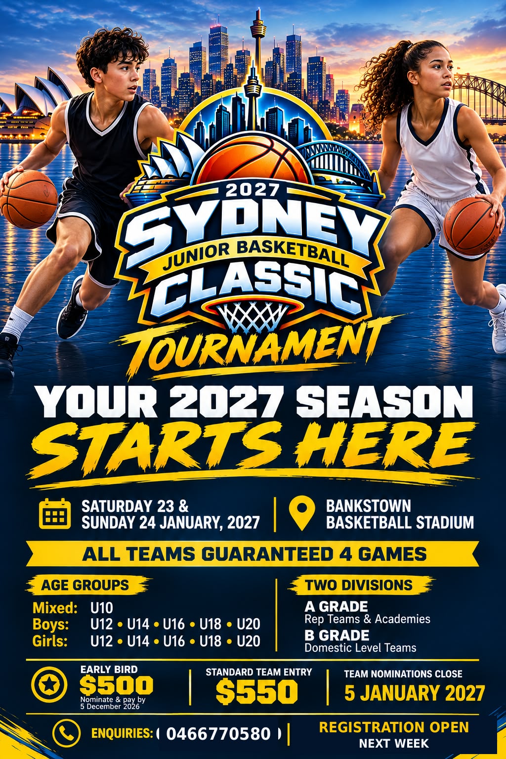 Poster for the 2027 Sydney Junior Basketball Classic Tournament: a boy and a girl dribbling in front of the Sydney skyline, with 'Your 2027 season starts here', Saturday 23 and Sunday 24 January 2027 